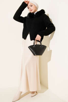 Kürk Kapüşonlu Fermuarlı Kısa Triko Hırka Siyah - Hırka