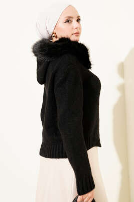 Kürk Kapüşonlu Fermuarlı Kısa Triko Hırka Siyah - Hırka