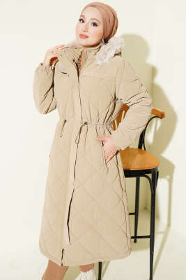 Kürk Kapüşonlu Kapitone Uzun Mont Camel - GÜL NİDA