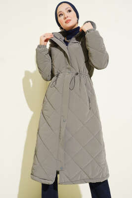Kürk Kapüşonlu Kapitone Uzun Mont Gri - GÜL NİDA