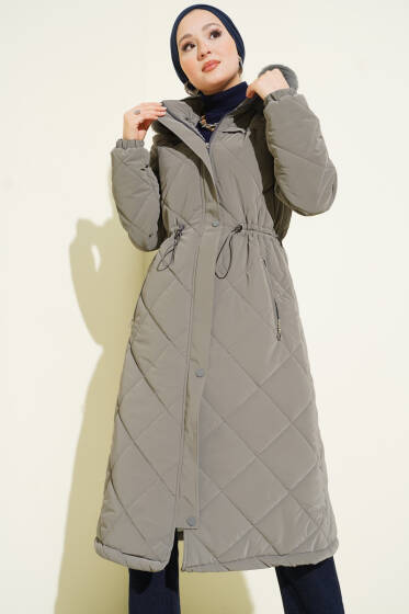Kürk Kapüşonlu Kapitone Uzun Mont Gri - Mont