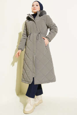 Kürk Kapüşonlu Kapitone Uzun Mont Gri - Mont