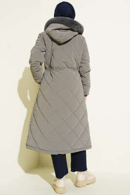 Kürk Kapüşonlu Kapitone Uzun Mont Gri - Mont