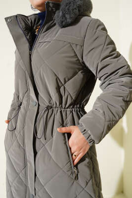 Kürk Kapüşonlu Kapitone Uzun Mont Gri - Mont