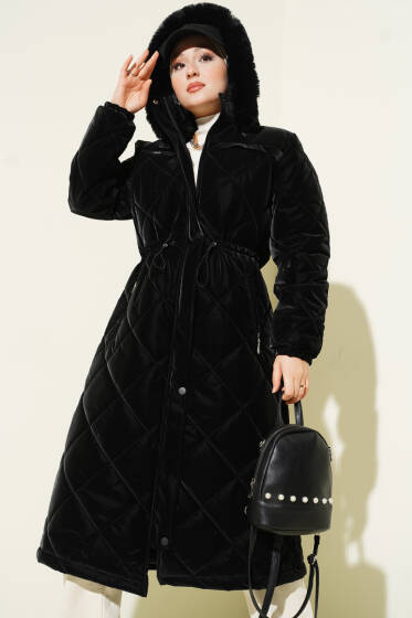 Kürk Kapüşonlu Kapitone Uzun Mont Siyah - Mont