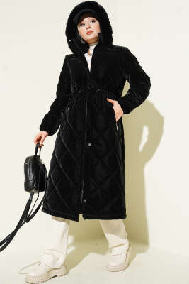 Kürk Kapüşonlu Kapitone Uzun Mont Siyah - Mont