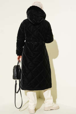 Kürk Kapüşonlu Kapitone Uzun Mont Siyah - Mont