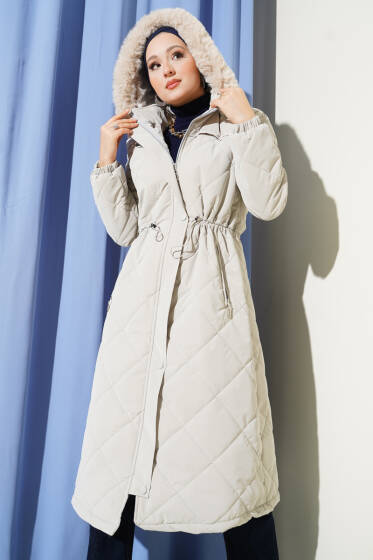 Kürk Kapüşonlu Kapitone Uzun Mont Taş - Mont