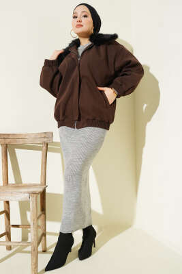 Kürk Yaka Fermuarlı Gabardin Mont Acı Kahve - Mont