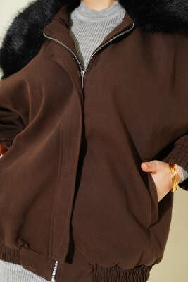 Kürk Yaka Fermuarlı Gabardin Mont Acı Kahve - Mont