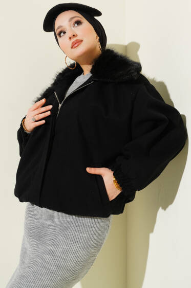 Kürk Yaka Fermuarlı Gabardin Mont Siyah - Mont