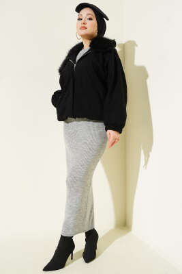 Kürk Yaka Fermuarlı Gabardin Mont Siyah - Mont