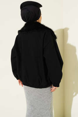 Kürk Yaka Fermuarlı Gabardin Mont Siyah - Mont