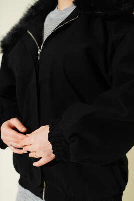 Kürk Yaka Fermuarlı Gabardin Mont Siyah - Mont