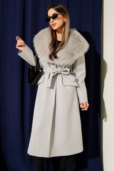 Kürk Yaka Kuşaklı Kaşe Kaban Gri - Kadın Giyim Modelleri