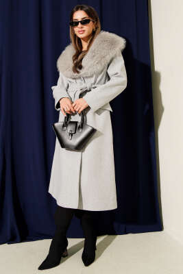 Kürk Yaka Kuşaklı Kaşe Kaban Gri - Kadın Giyim Modelleri