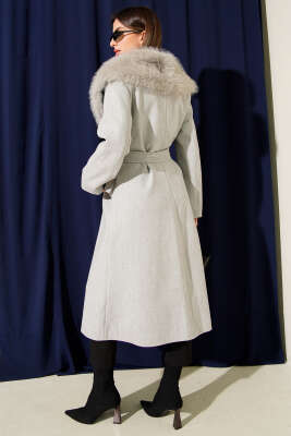 Kürk Yaka Kuşaklı Kaşe Kaban Gri - Kadın Giyim Modelleri