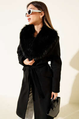 Kürk Yaka Kuşaklı Kaşe Kaban Siyah - ENTER TEKSTİL