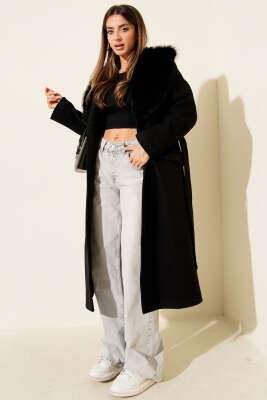 Kürk Yaka Kuşaklı Kaşe Kaban Siyah - Kadın Giyim Modelleri