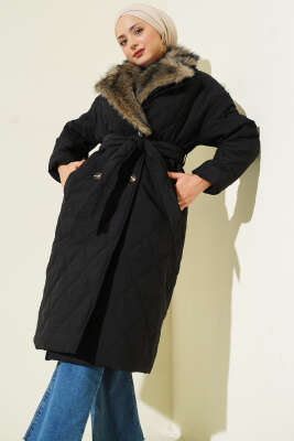 Kürk Yakalı Düğmeli Kapitone Mont Siyah - LEVURE