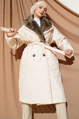 Kürk Yakalı Düğmeli Kapitone Mont Taş - LEVURE