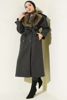 Kürk Yakalı Düğmeli Kaşe Kaban Füme - LEVURE