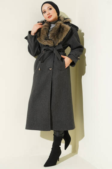 Kürk Yakalı Düğmeli Kaşe Kaban Füme - Kaban