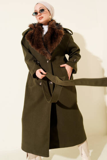 Kürk Yakalı Düğmeli Kaşe Kaban Haki - Kaban