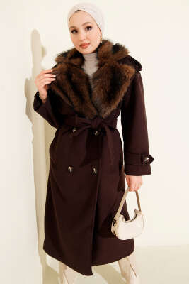 Kürk Yakalı Düğmeli Kaşe Kaban Kahve - LEVURE