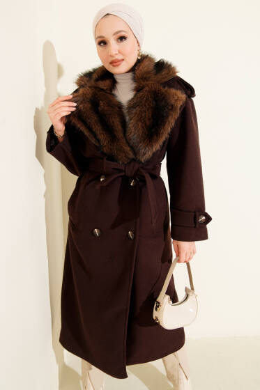 Kürk Yakalı Düğmeli Kaşe Kaban Kahve - Kaban