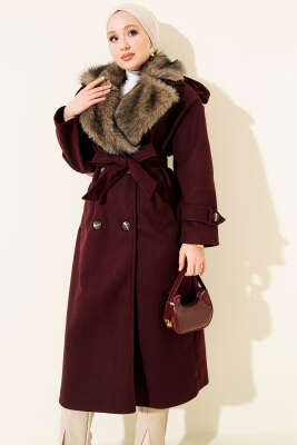 Kürk Yakalı Düğmeli Kaşe Kaban Mürdüm - LEVURE