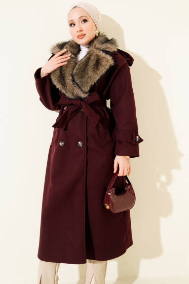 Kürk Yakalı Düğmeli Kaşe Kaban Mürdüm - Kaban