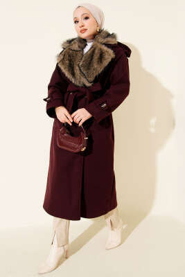 Kürk Yakalı Düğmeli Kaşe Kaban Mürdüm - Kaban