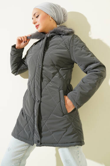 Kürk Yakalı Fermuarlı Kapitone Mont Füme - Mont