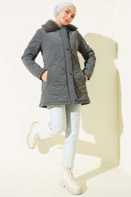 Kürk Yakalı Fermuarlı Kapitone Mont Füme - Mont