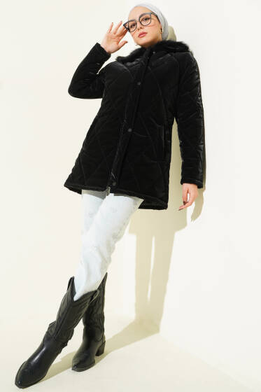 Kürk Yakalı Fermuarlı Kapitone Mont Siyah - Mont