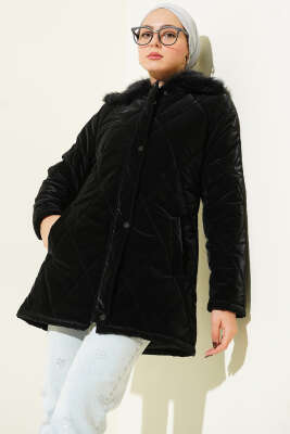 Kürk Yakalı Fermuarlı Kapitone Mont Siyah - Mont