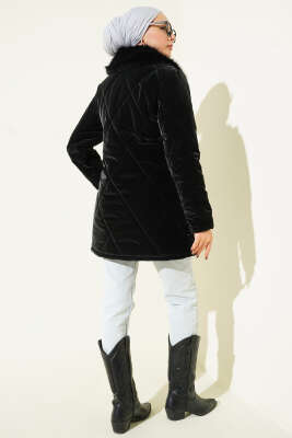 Kürk Yakalı Fermuarlı Kapitone Mont Siyah - Mont