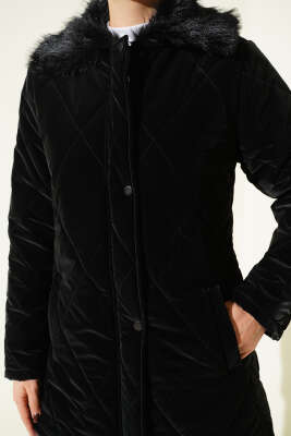 Kürk Yakalı Fermuarlı Kapitone Mont Siyah - Mont