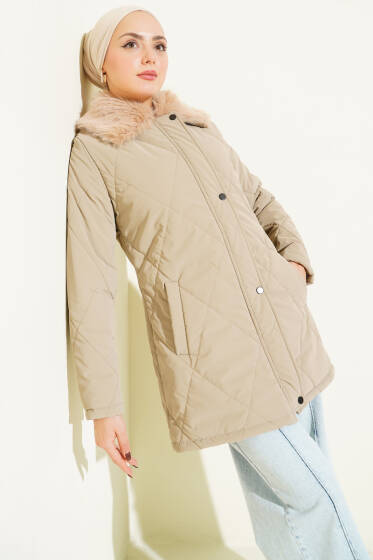 Kürk Yakalı Fermuarlı Kapitone Mont Vizon - Mont