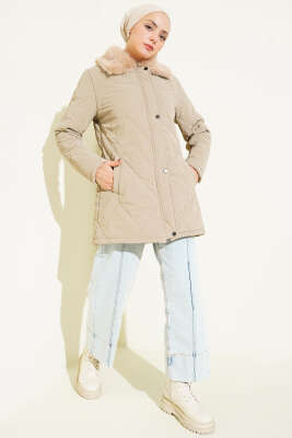 Kürk Yakalı Fermuarlı Kapitone Mont Vizon - Mont