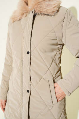 Kürk Yakalı Fermuarlı Kapitone Mont Vizon - Mont