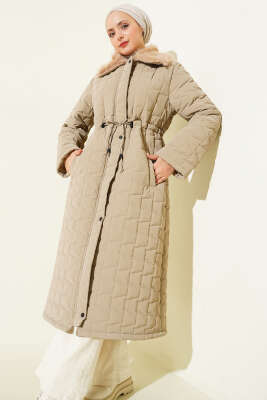 Kürk Yakalı Fermuarlı Uzun Kapitone Mont Bej - Günün Seçilenleri