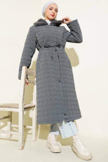 Kürk Yakalı Fermuarlı Uzun Kapitone Mont Füme - Günün Seçilenleri