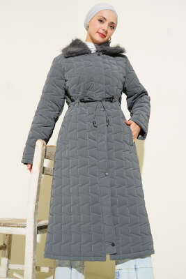 Kürk Yakalı Fermuarlı Uzun Kapitone Mont Füme - Günün Seçilenleri