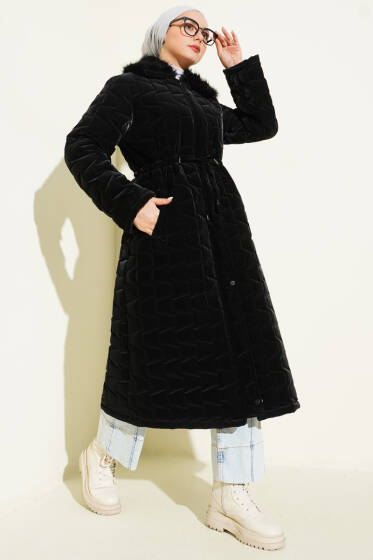 Kürk Yakalı Fermuarlı Uzun Kapitone Mont Siyah - Günün Seçilenleri
