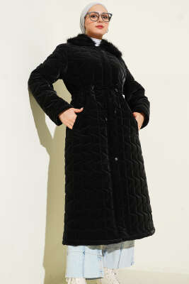 Kürk Yakalı Fermuarlı Uzun Kapitone Mont Siyah - Günün Seçilenleri