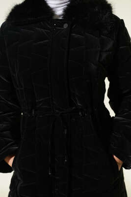 Kürk Yakalı Fermuarlı Uzun Kapitone Mont Siyah - Günün Seçilenleri