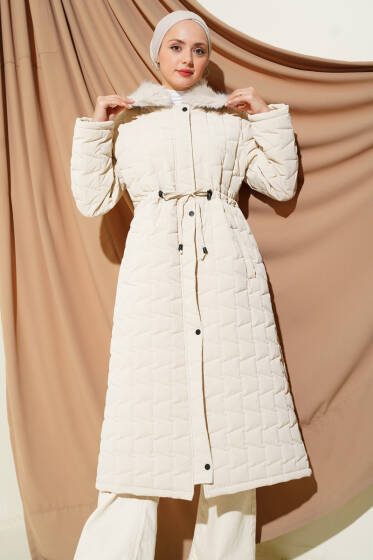 Kürk Yakalı Fermuarlı Uzun Kapitone Mont Taş - Günün Seçilenleri