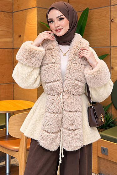 Kürklü Beli Kuşaklı Angora Kaşe Ekru - Hırka